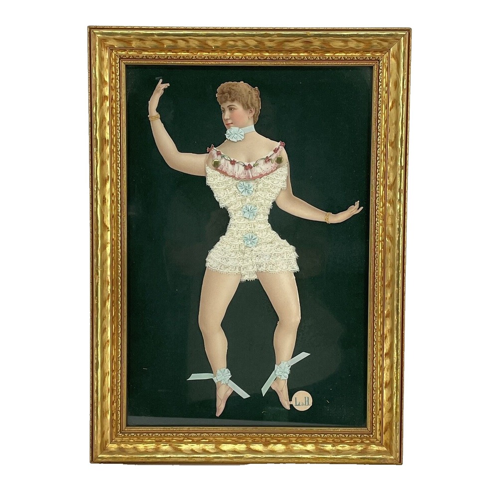 L&B Antique Paper Doll With Original Fabric Clothes Framed Art Velvet Gold Tone